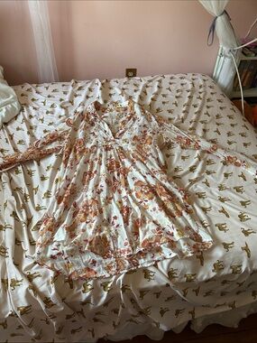 Floral V-Neck Long Sleeve Swing Dress in Cream and Rust